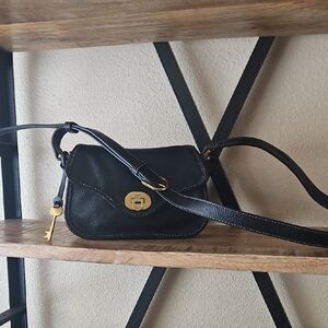 Fossil Black Leather Crossbody with Gold Turn-Lock